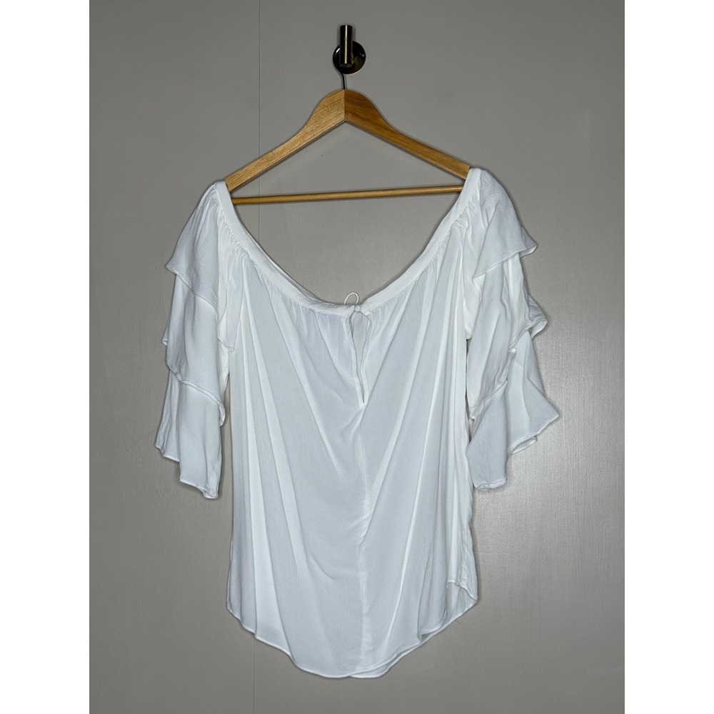 1.STATE White Off Shoulder Ruffle Sleeve Peasant Top Rayon Medium Boho - Picture 3 of 5